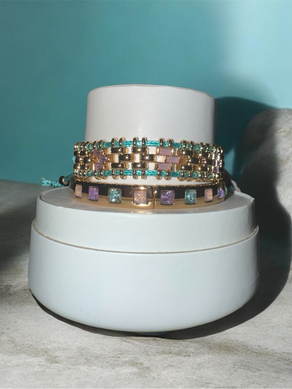 Bomb party Gold Tone Multicolor Crystal Stackable Bracelet Set
